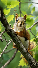 Curious Squirrel Perched on a Tree Branch in Lush Green Foliage Capturing a Moment of Nature's Serenity