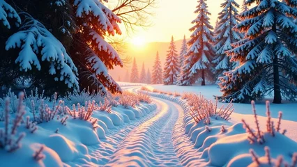 Gordijnen A winding path cuts through a serene winter landscape surrounded by trees dusted with snow. Warm sunlight casts a gentle glow on the peaceful scene, inviting exploration in the crisp air.  Depth and m © visualnest