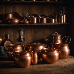A collection of vintage copper kitchen vessels, glowing warmly under ambient lighting, placed on a rustic wooden kitchen table.