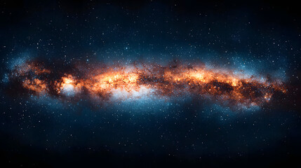 Fototapeta premium The image displays a stunning view of a galaxy with a vibrant orange core and a dark, starry background.