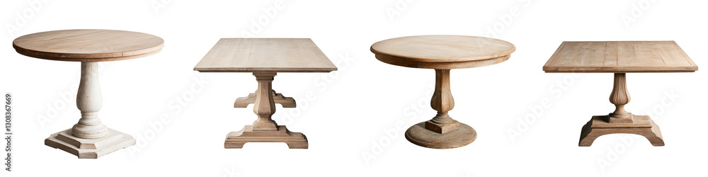 Poster collection of round square and rectangular wooden dining tables with different pedestal and leg desi