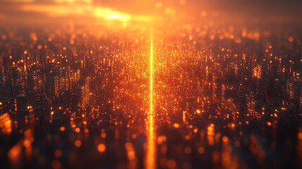 Fiber optic light strands connect high-rise buildings, symbolizing modern digital communication and fast data transfer in an urban cityscape, representing connectivity and technological advancement