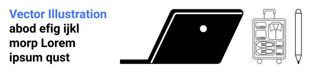 Laptop silhouette, travel suitcase with clothes outline, and pen suggest digital work, remote working, travel, organization, mobility, productivity and preparation. Ideal for modern hybrid
