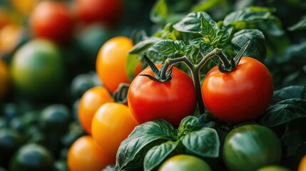 Ripe Tomatoes and Fresh Basil: A close-up shot of vibrant, ripe tomatoes nestled among lush, green basil leaves, evoking the freshness and bounty of a thriving garden.