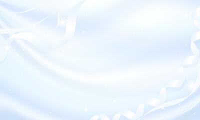光沢のあるブルーのドレープと白いリボンの背景イラスト