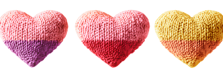   Three cute, colorful,hart-shaped knitted or crocheted items isolated on a transparent background (2)