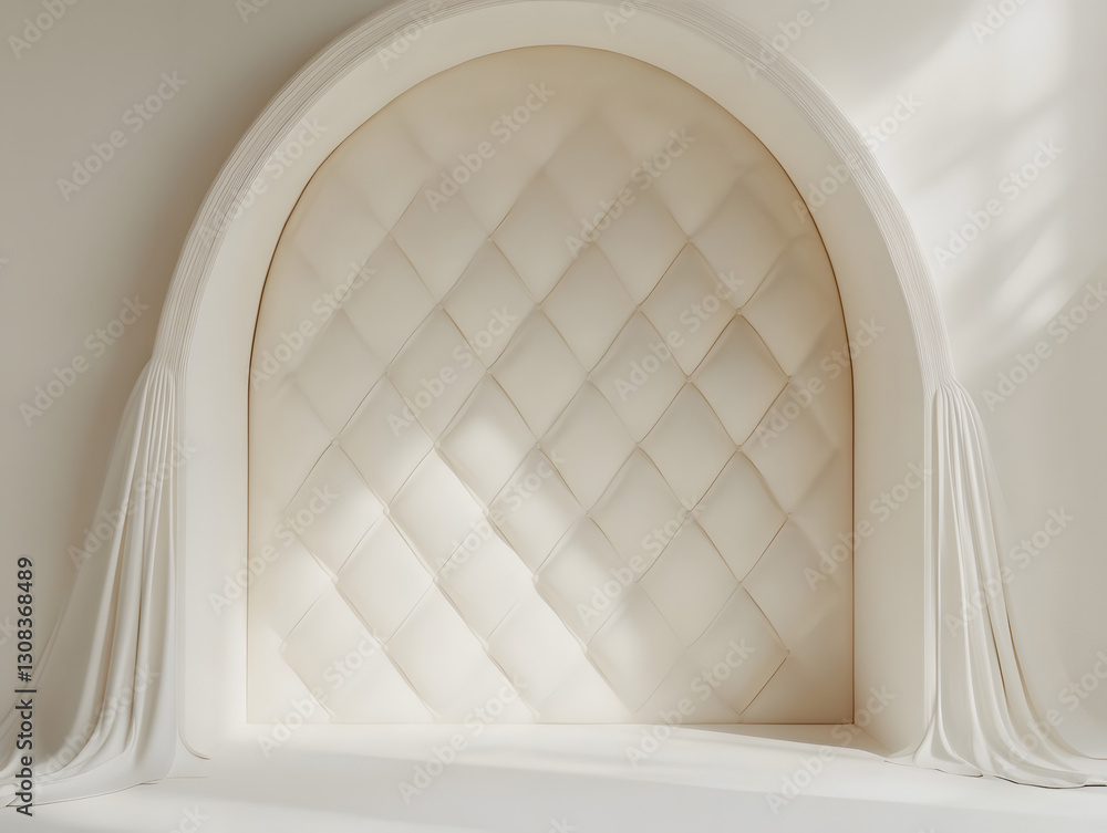Poster the image showcases a minimalist alcove with a tufted diamond pattern and draped curtains, bathed in