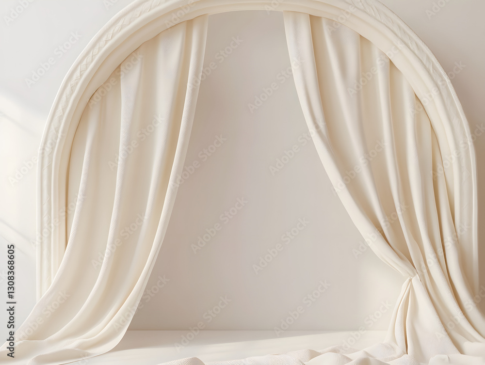 Poster a minimal, elegant display featuring a cream-colored archway with flowing curtains and soft lighting