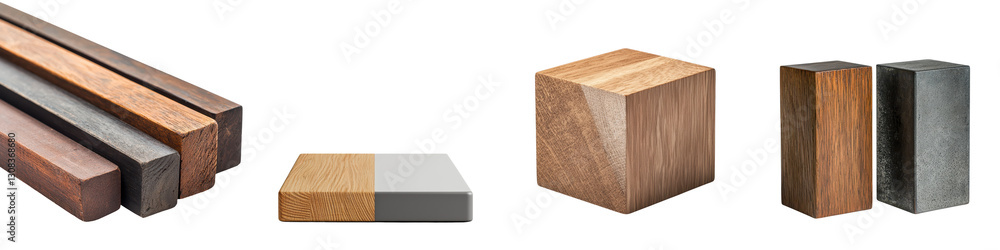 Poster assortment of natural wooden planks blocks and cubes in different colors textures and styles minimal