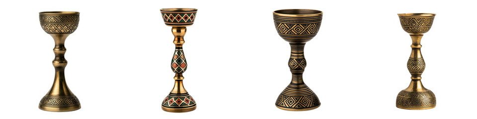 Beautifully crafted golden chalices and goblets featuring intricate patterns engravings and embellishments designed for use in ceremonial and ritual as religious services royal banquets