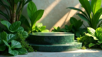 Serene Green Marble Display Platform Amidst Lush Foliage, Perfect for Product Showcasing or Botanical Photography