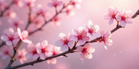 Delicate Pink Blossoms on a Branch, Softly Illuminated by Warm Sunlight, Evoking a Sense of Tranquility and Springtime Renewal