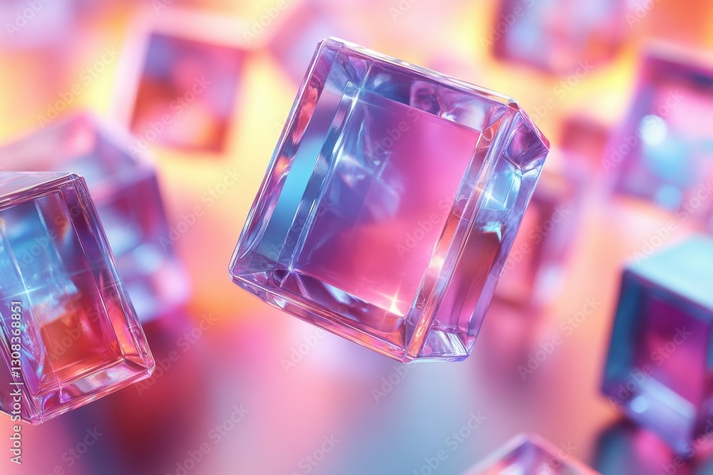 Poster abstract cubes: floating abstract cubes, each a prism of iridescent color, reflecting light in a vib