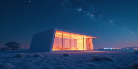 Fototapeta premium Illuminated Modern Pavilion on a Snowy Coastal Plain under a Starry Night Sky