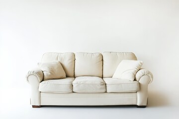 Fototapeta premium A Cream Colored Three Seater Sofa With Two Pillows