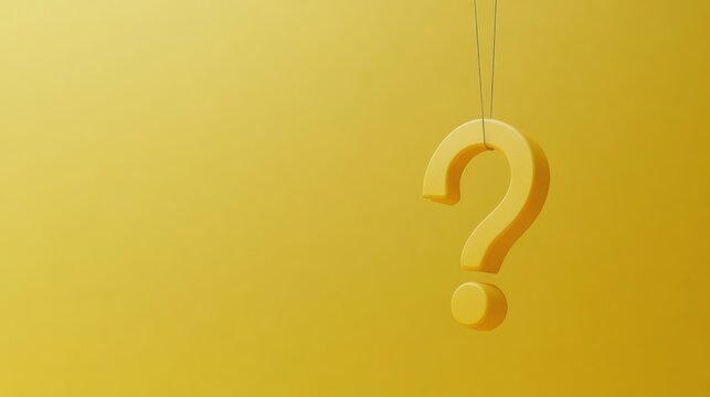 Yellow question mark hanging, gradient background, uncertainty concept, website banner