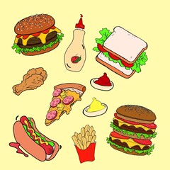 Fast food vector icon set. Pizza. hamburger.fries potatoes.hot dog. chicken leg. sandwich.french fries.Traditional takeaway food in chain fastfood cafes. Vector illustrations.set of fast food. chili