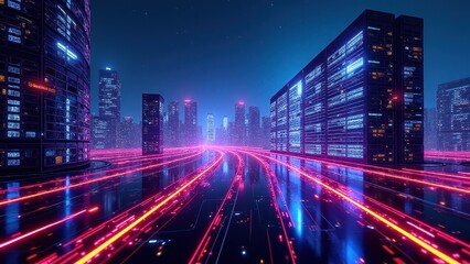 Blockchain data streams, A glowing cityscape pulses with vibrant blockchain data streams under neon networks in advanced operations.