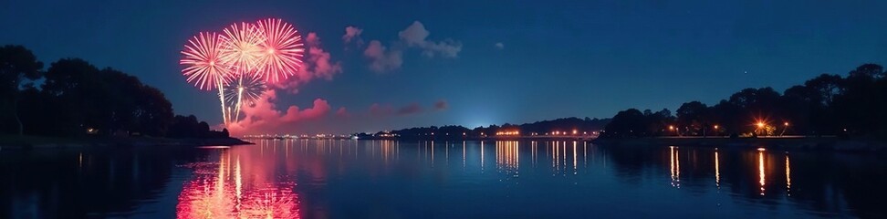 Glimmering white fireworks illuminate calm water at night , celebration, display, lake