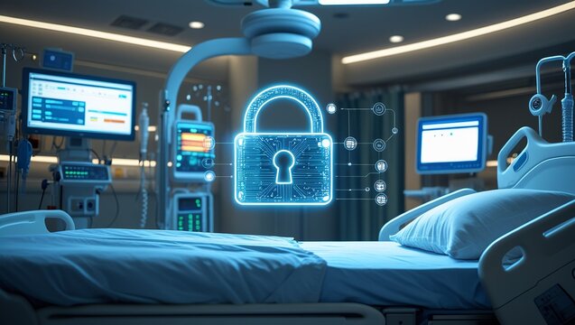 Secure Medical Technology: Digital Lock Symbol in Hospital Room