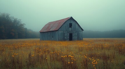 Fototapeta premium Serene Barn in Misty Field: An old, weathered barn stands solitary in a field of golden wildflowers, shrouded in a soft, ethereal mist. The image captures a sense of timelessness and rustic charm.