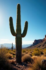 Giant saguaro in dramatic desert setting, vibrant sunlight, USA, panorama
