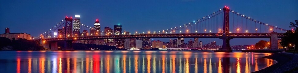 Fototapeta premium Illuminated Long Fellow Bridge, Boston skyline reflection, cityscape, night photography, beautiful