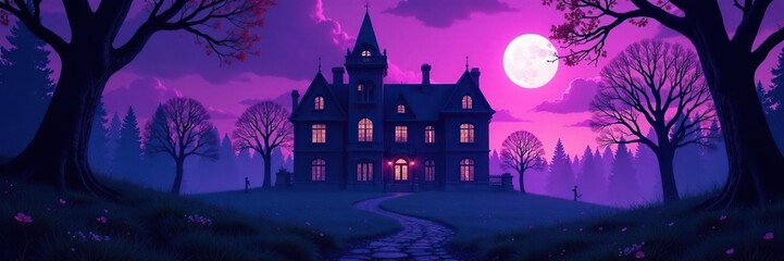 Imposing mansion, purple twilight, graveyard setting, atmosphere, building, architecture