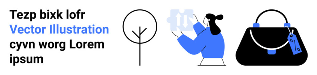 Woman analyzing product with careful attention, a minimalistic tree graphic, and a stylish handbag. Ideal for fashion, retail, nature, e-commerce, branding, sustainability and flat landing page