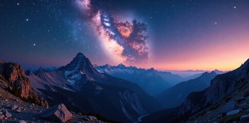 Milky Way panorama above a rugged mountain range, vibrant stars, vibrant, majestic