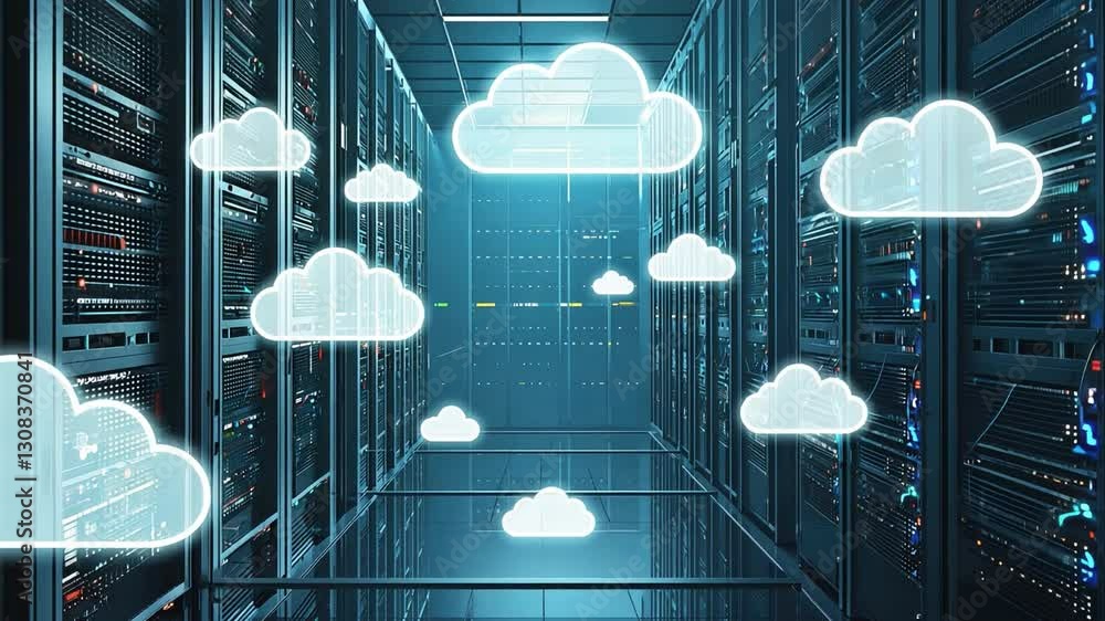 Aufkleber cloud data center: futuristic view of a data center with glowing cloud icons hovering, symbolizing t