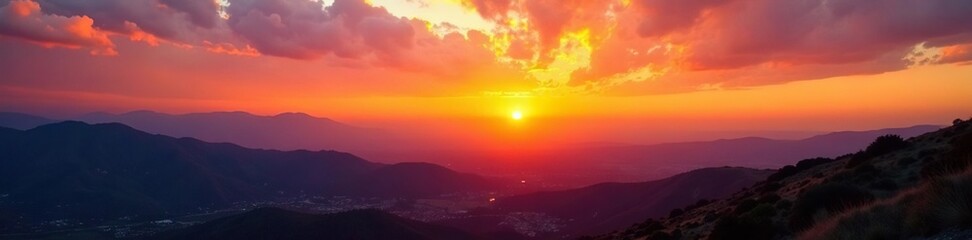 Fototapeta premium Golden hour sunset over Southern California mountains, vibrant sky, orange, twilight, desert
