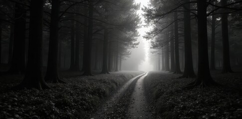 Obraz premium Dark, winding path through monochrome forest, bright light at distant end, art, woods