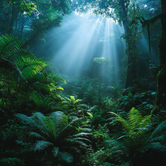A lush rainforest with a variety of plants and a misty atmosphere