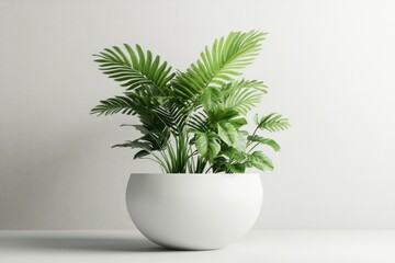 Obraz premium A 3D visualization of a tropical plant with intricate leaf details, placed in a contemporary white pot.