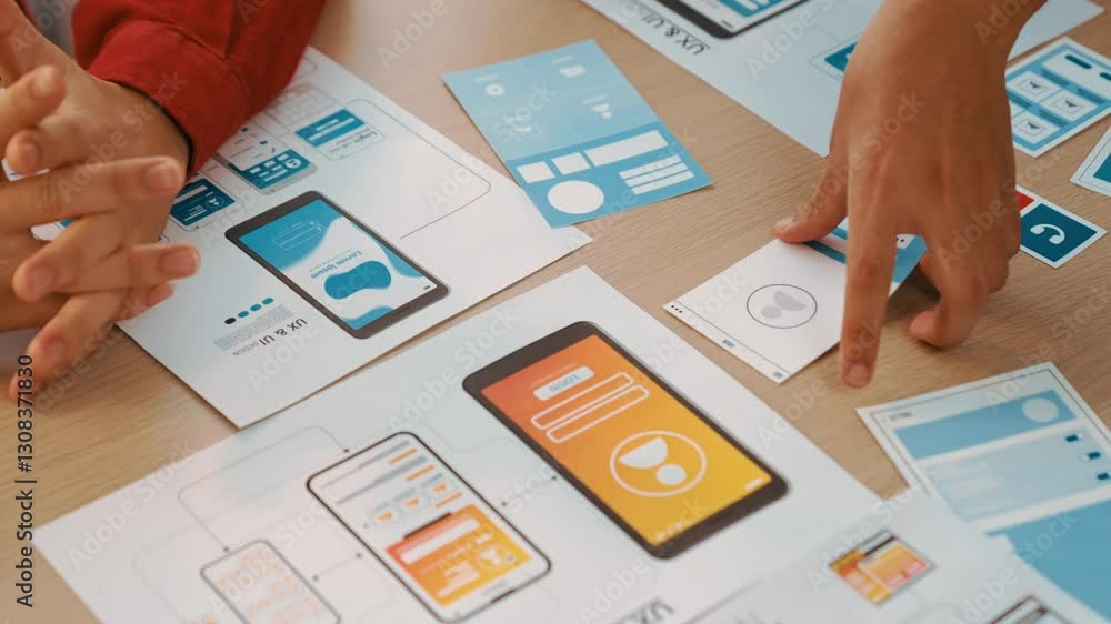Poster panorama video of startup company employee planning on user interface prototype for mobile applicati