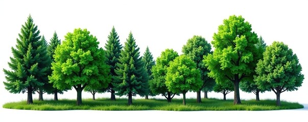 Lush green forest trees, isolated on white Ideal for design elements , lush, landscape