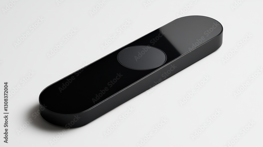 Poster a close-up view of a sleek black electronic device resting on a clean white surface, showcasing its 