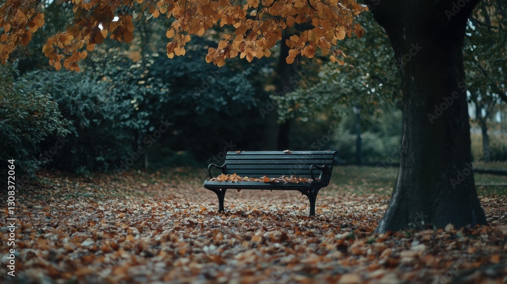 Aufkleber solitary bench beneath a tree in a park surrounded by fallen leaves on a tranquil autumn day generat