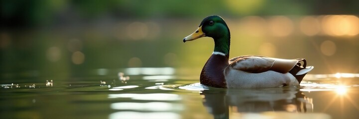 Obraz premium Majestic mallard on tranquil lake Sunlight glints on feathers , summer, fauna