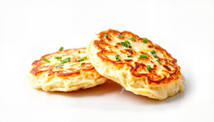 Crispy Provoleta cheese dish with herbs on a white background, culinary delight