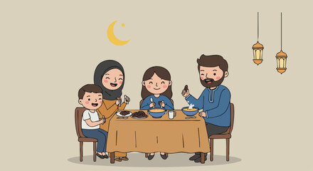 A joyful family enjoys a delightful iftar meal together during Ramadan, sharing happiness, warmth, and cultural traditions.