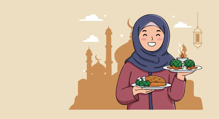 Smiling woman in a hijab holds plates of traditional Iftar dishes, set against a backdrop of a mosque during Ramadan.