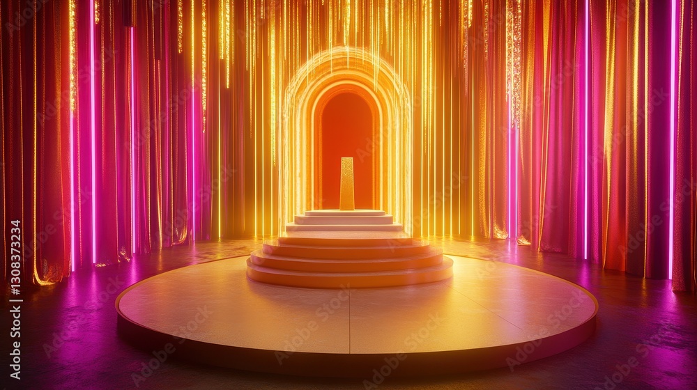 Poster a vibrant stage illuminated by bright lights features a circular podium at its center, surrounded by