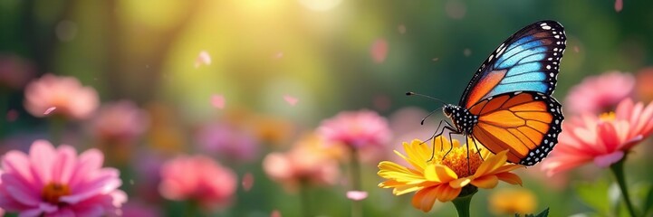 A colorful array of butterflies flitting around a garden full of blooming flowers, petals, colorful, gentle