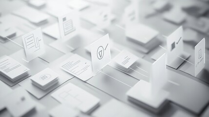 Minimalist design of a business document management system with white tones, icons, checkmarks, and a compliance theme.