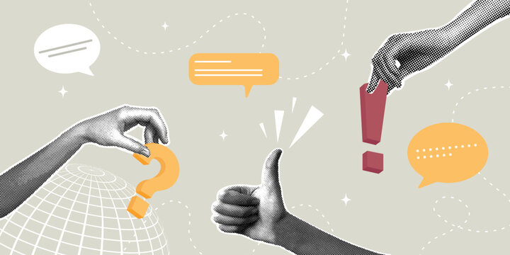 Trendy halftone collage. Global communication and feedback. Frequently asked questions concept, problem solving, question and answer, FAQ.