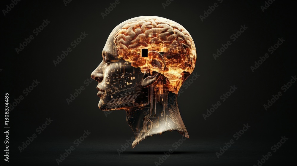 Poster side profile of a human head with a circuit embedded in the brain illustrating the intersection of t