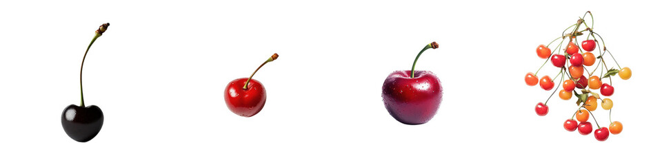 Assortment of Ripe and Fresh Cherries in Various Colors Includes Black Red and Yellow Cherries Arranged in a Cluster on a Plain Background Showcasing the Fruit s Juicy and Healthy Appearance