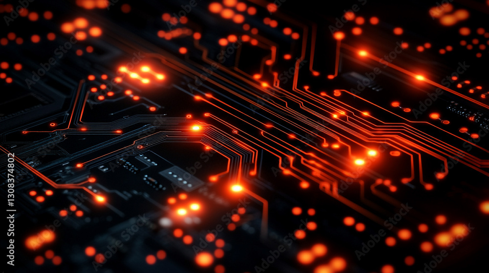 Poster a futuristic electronic circuit board with glowing pathways symbolizes modern technology, innovation